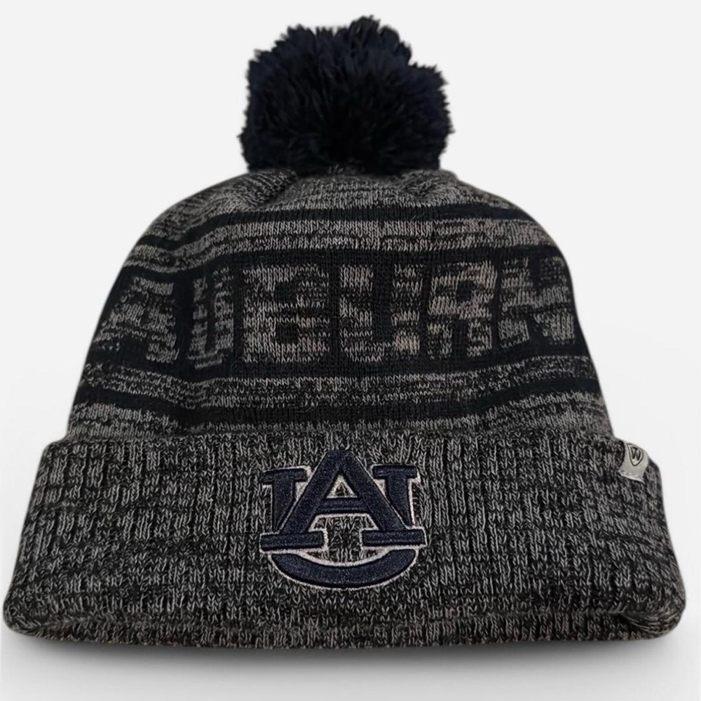 Auburn University Toboggan Beanie with Pom Pom. Midnight Blue and Gray.